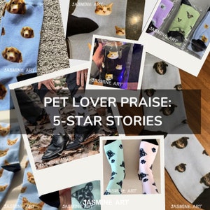 May include: A collage of photos showcasing custom socks with pet portraits. The socks feature various designs, including paw prints, and are displayed on a wooden surface. The text "JASMINE ART" appears on several of the photos. The text "PET LOVER PRAISE: 5-STAR STORIES" is displayed in a banner across the center of the collage.