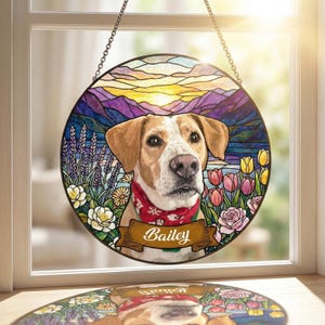 Custom Dog Portrait Stained Glass Suncatcher, Personalized Dog Memorial Gift, Pet Loss Sympathy Gift, Dog Mom Window Art