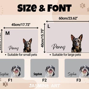 May include: Image showing size and font options for pet portraits. Includes two rectangular examples: one 17.72" x 11.81" and another 23.62" x 15.75". Each features a dog portrait and the name "Penny". Additional examples with the name "Sophie" are also shown.