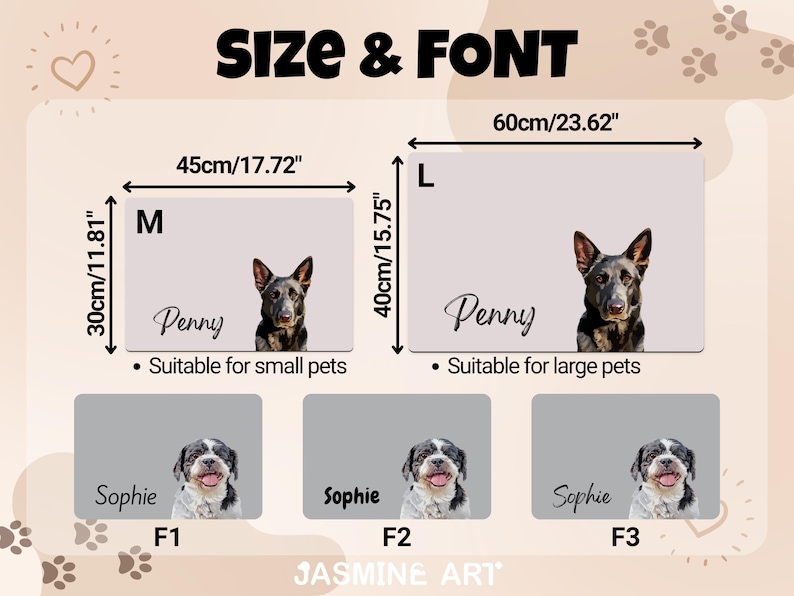 May include: Image showing size and font options for pet portraits. Includes two rectangular examples: one 17.72" x 11.81" and another 23.62" x 15.75". Each features a dog portrait and the name "Penny". Additional examples with the name "Sophie" are also shown.