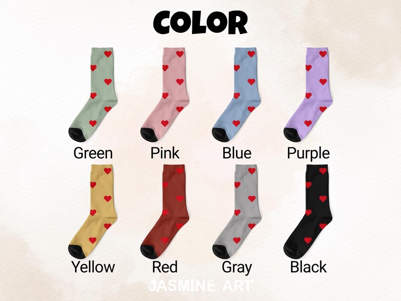 May include: A variety of colorful socks, each adorned with a pattern of red hearts. The socks come in green, pink, blue, purple, yellow, red, gray, and black. The word "COLOR" is at the top of the image.