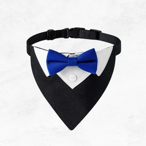 Dog Tuxedo Bandana Wedding Costume Bow Tie Accessory Collar, Dog Best Man Groomsman Ring Bearer Formal Event Over the Collar Black + Blue Bowtie