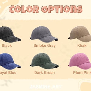 May include: Six different color baseball caps. The caps are black, smoke gray, khaki, royal blue, dark green, and plum pink. The caps are all made of a soft, comfortable material and have a classic, timeless design.