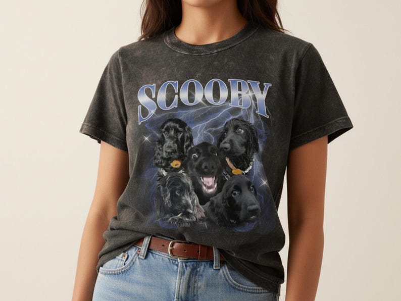 Aangepast vintage shirt voor huisdier - gepersonaliseerde hond bootleg rap-shirt, retro jaren 90 grafisch T-shirt, kleding hondenliefhebber, aangepast ontwerp huisdier gezicht afbeelding 1