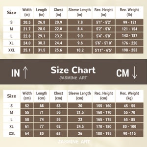 Op de afbeelding: Maattabel voor kleding in inches en centimeters. De tabel toont de maten voor breedte, lengte, borst, mouwlengte, aanbevolen lengte en aanbevolen gewicht. De tabel is verdeeld in twee secties, een voor inches en een voor centimeters.