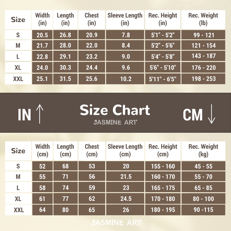 Op de afbeelding: Maattabel voor kleding in inches en centimeters. De tabel toont de maten voor breedte, lengte, borst, mouwlengte, aanbevolen lengte en aanbevolen gewicht. De tabel is verdeeld in twee secties, een voor inches en een voor centimeters.