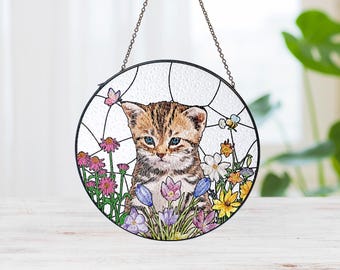 Custom Pet Portrait Flower Stained Glass Suncatcher, Personalized Floral Stained Glass Pet Suncatcher, Custom Stained Glass-Inspired Decor
