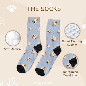 May include: A pair of blue socks with a repeating pattern of a dog's face. The socks have black heels and toes. The text "THE SOCKS" and "JASMINE ART" are visible on the image.