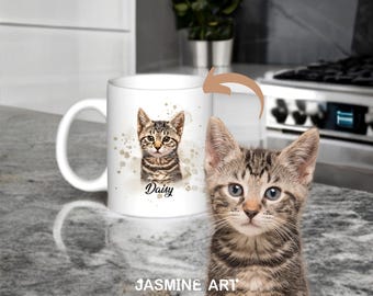 Taza personalizada de acuarela para mascotas de 325 ml, taza personalizada con retrato de acuarela, taza con foto para amantes de las mascotas, regalo personalizado para perro o gato