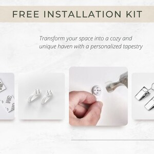 May include: A free installation kit for hanging a tapestry. The kit includes two white adhesive hooks, a hammer, and two silver clips.