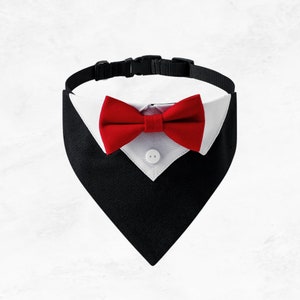 Dog Tuxedo Bandana Wedding Costume Bow Tie Accessory Collar, Dog Best Man Groomsman Ring Bearer Formal Event Over the Collar Black + Red Bowtie