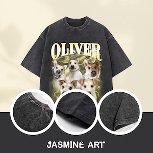 Op de afbeelding: Zwart vintage T-shirt met een grafische print van vijf honden en het woord "OLIVER" in gele letters.