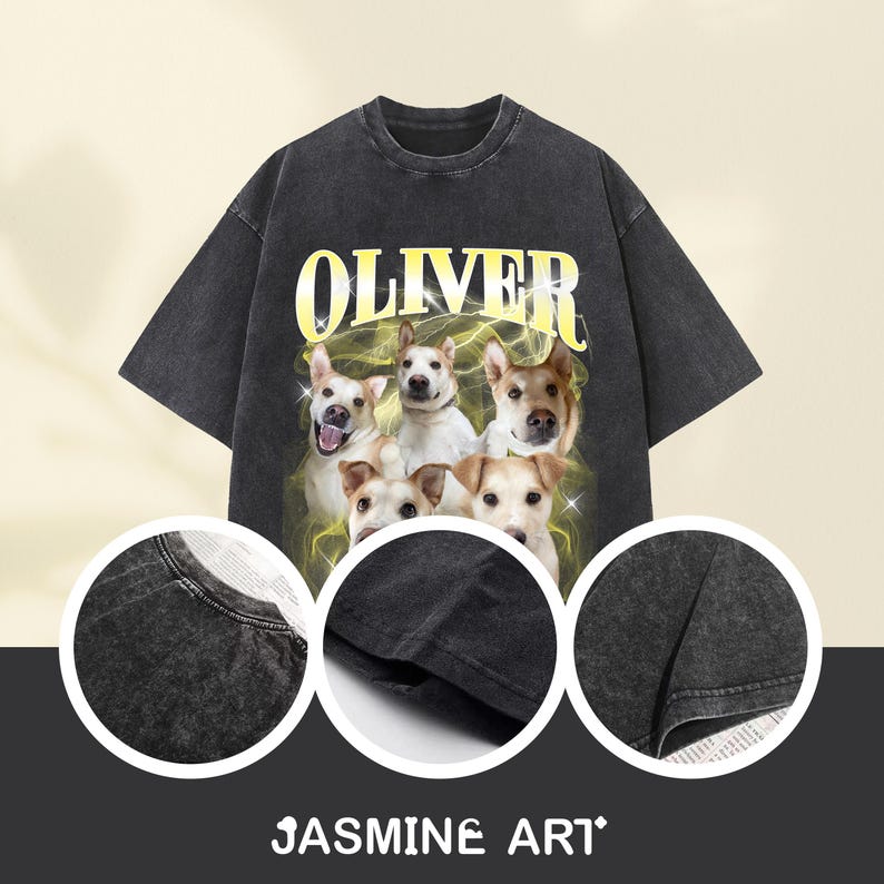 Op de afbeelding: Zwart vintage T-shirt met een grafische print van vijf honden en het woord "OLIVER" in gele letters.