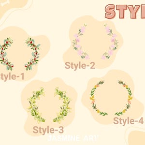 May include: Four different floral wreath designs with the text "Style-1", "Style-2", "Style-3", and "Style-4" below each wreath. The text "STYLE" is at the top of the image and the text "JASMINE ART" is at the bottom of the image.
