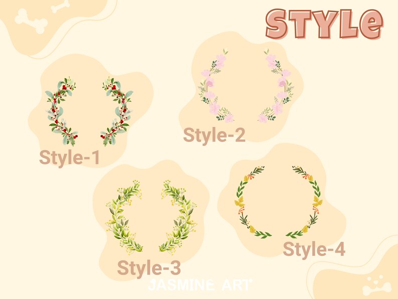 May include: Four different floral wreath designs with the text "Style-1", "Style-2", "Style-3", and "Style-4" below each wreath. The text "STYLE" is at the top of the image and the text "JASMINE ART" is at the bottom of the image.