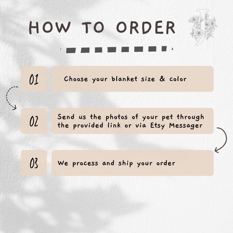 May include: How to order a custom pet blanket. Choose your blanket size and colour, send photos of your pet through the provided link or Etsy Messenger, and we will process and ship your order.
