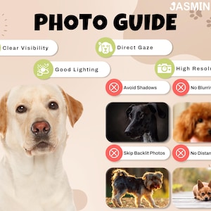 May include: A photo guide with the text "PHOTO GUIDE" and "JASMINE ART" at the top. The guide includes tips for clear visibility, direct gaze, good lighting, high resolution, avoiding shadows, no blurriness, skipping backlit photos, and no distant shots. A Labrador Retriever is in the image.