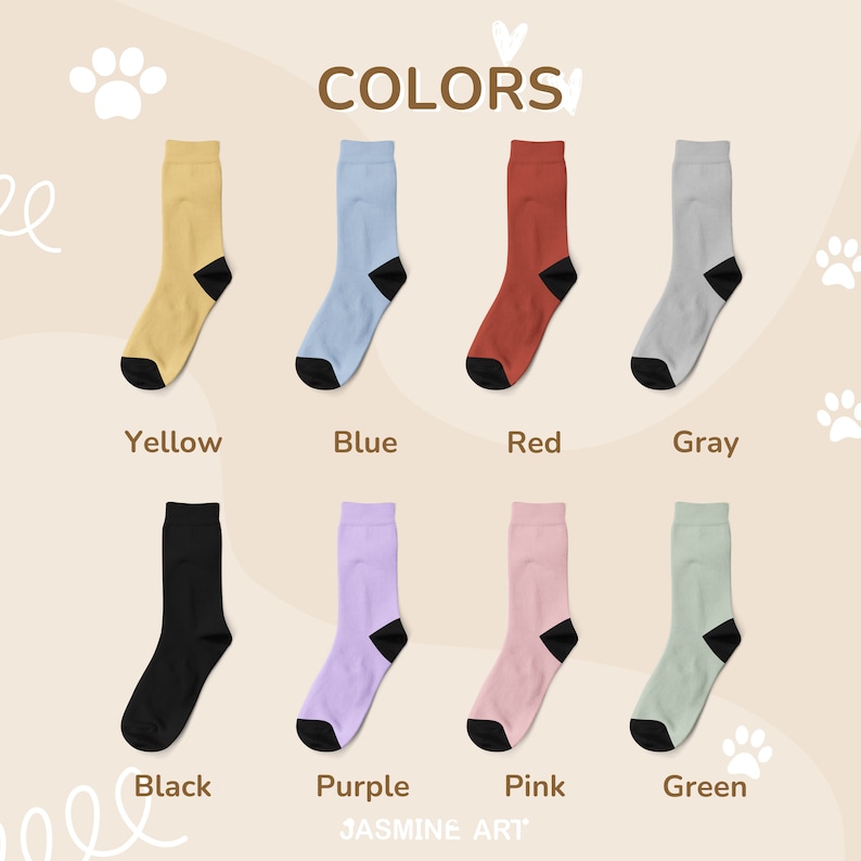 May include: A set of 10 pairs of socks in various colors, including yellow, blue, red, gray, black, purple, pink, and green. The socks are all crew length and have a black heel and toe.