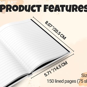 Pode incluir: Caderno A5 aberto com p&aacute;ginas pautadas. O caderno mede 20,5 cm por 14,5 cm. Possui 150 p&aacute;ginas (75 folhas). O texto "PRODUCT FEATURES" est&aacute; no topo.