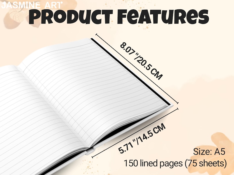 Pode incluir: Caderno A5 aberto com p&aacute;ginas pautadas. O caderno mede 20,5 cm por 14,5 cm. Possui 150 p&aacute;ginas (75 folhas). O texto "PRODUCT FEATURES" est&aacute; no topo.