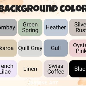 Pode incluir: Imagem que mostra uma paleta de cores com o texto "BACKGROUND COLOR" no topo. A paleta inclui nomes de cores como "Bombay", "Green Spring", "Heather" e "Silver Rust". A linha inferior apresenta "French Lilac", "Linen", "Swiss Coffee" e "Black".