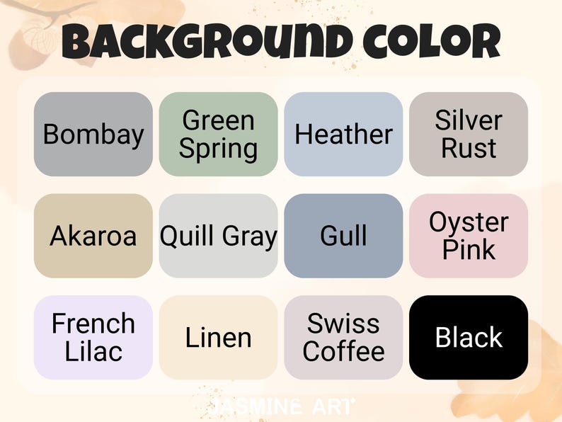 Pode incluir: Imagem que mostra uma paleta de cores com o texto "BACKGROUND COLOR" no topo. A paleta inclui nomes de cores como "Bombay", "Green Spring", "Heather" e "Silver Rust". A linha inferior apresenta "French Lilac", "Linen", "Swiss Coffee" e "Black".