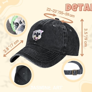 May include: A black acid-wash baseball cap featuring an embroidered dog face. The cap has a 3.5-inch crown height, a 2.8-inch brim length, and an adjustable strap with a metal buckle. The head circumference measures between 22 and 23 inches.