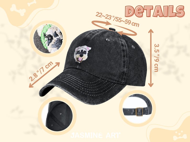 May include: A black acid-wash baseball cap featuring an embroidered dog face. The cap has a 3.5-inch crown height, a 2.8-inch brim length, and an adjustable strap with a metal buckle. The head circumference measures between 22 and 23 inches.