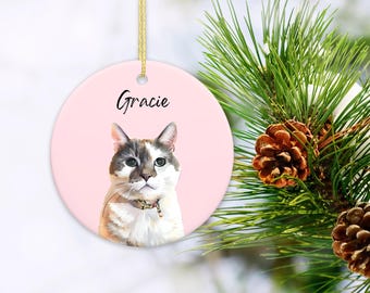 May include: A round, pink ceramic ornament featuring a cat portrait with the name "Gracie" in black script. The cat has gray and white fur and is wearing a collar. A gold string is attached for hanging. Pine needles and pine cones are in the background.