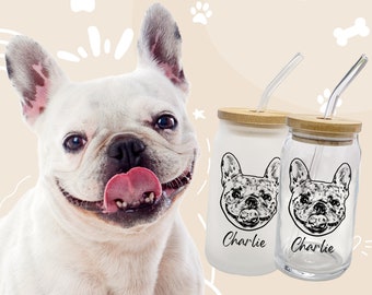 Taza de café para perros personalizada con tapa de bambú de la foto, taza de vidrio para perros personalizada, taza de café helado personalizada, vaso de café personalizado, regalo para amantes de los perros