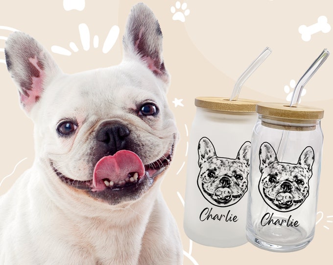 Custom Dog coffee cup with Bamboo Lid from photo, Custom Dog Glass Mug, Custom Iced Coffee Mug, Personalized Coffee Glass, Dog Lover Gift