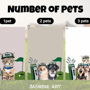 May include: Custom pet portrait art with golf theme. The image shows a cat, two cats and a dog, and three pets with golf-themed accessories. The text "NUMBER OF PETS" is at the top. The artist's name, "JASMINE ART", is at the bottom.