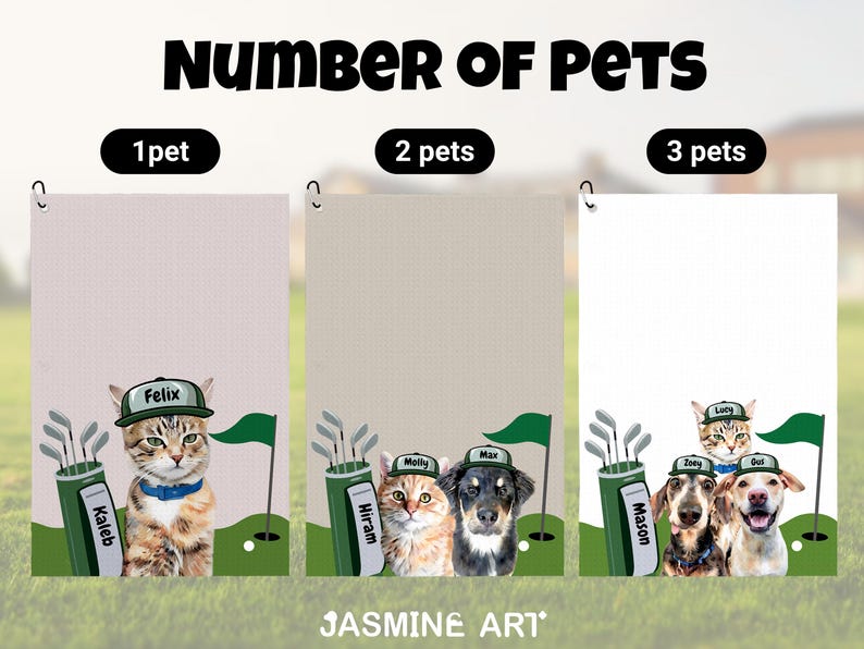 May include: Custom pet portrait art with golf theme. The image shows a cat, two cats and a dog, and three pets with golf-themed accessories. The text "NUMBER OF PETS" is at the top. The artist's name, "JASMINE ART", is at the bottom.