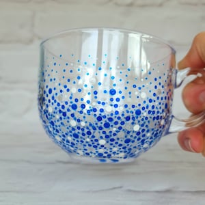 Handpainted large jumbo glass mug with a dotted design in blue