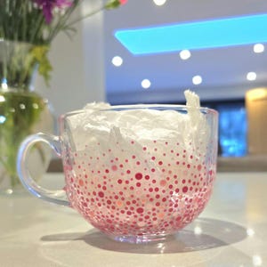 Handpainted large jumbo glass mug with a dotted design in pink