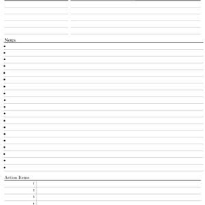 May include: A blank, lined notebook page with sections for Date, Title, Keywords, Attendees, Agenda, Notes, and Action Items. The notebook is designed for meeting notes and planning, with numbered action item lines.