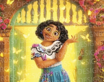 May include: A young woman with brown hair and glasses is wearing a white blouse with a colorful embroidered collar and a long, blue skirt with colorful floral embroidery. She is standing in front of a doorway with a green door and a yellow background. There are butterflies flying around her.