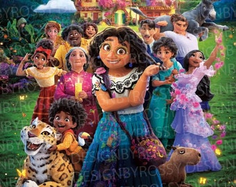May include: A vibrant illustration featuring a group of animated characters from the movie Encanto. The characters are set against a backdrop of a colorful house, lush greenery, and a rainbow. The image is filled with details and a sense of joy.