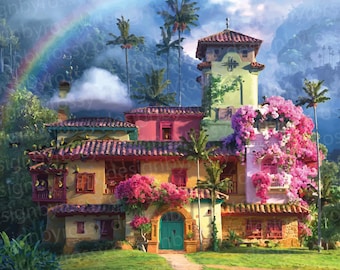 May include: A colorful illustration of a vibrant house with a rainbow in the background. The house features a variety of colors, including yellow, pink, and green, with a turquoise door and is surrounded by lush greenery and palm trees.