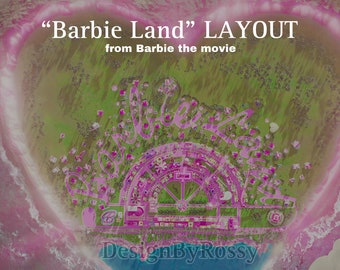 May include: An aerial view of a pink and green map of "Barbie Land" from the Barbie movie. The map is surrounded by a pink heart shape and a pink and white ocean.
