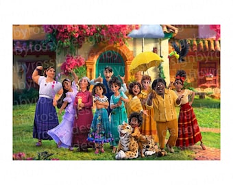 May include: A group of animated characters stand in front of a colorful building. The characters are all wearing different clothes and some are holding umbrellas. There is a jaguar in the front of the group.