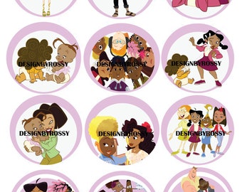 May include: Twelve round purple and white stickers with cartoon images of a black family. The stickers feature the text "DESIGNBYROSSY" on each sticker.