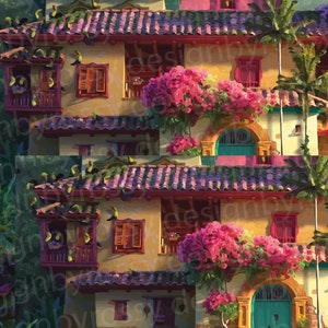 May include: A vibrant illustration of a two-story building with a red-tiled roof, adorned with pink flowers and toucans. The building has a yellow facade, red window frames, and a turquoise door, creating a colorful and inviting scene.