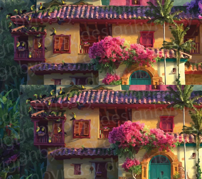 May include: A vibrant illustration of a two-story building with a red-tiled roof, adorned with pink flowers and toucans. The building has a yellow facade, red window frames, and a turquoise door, creating a colorful and inviting scene.