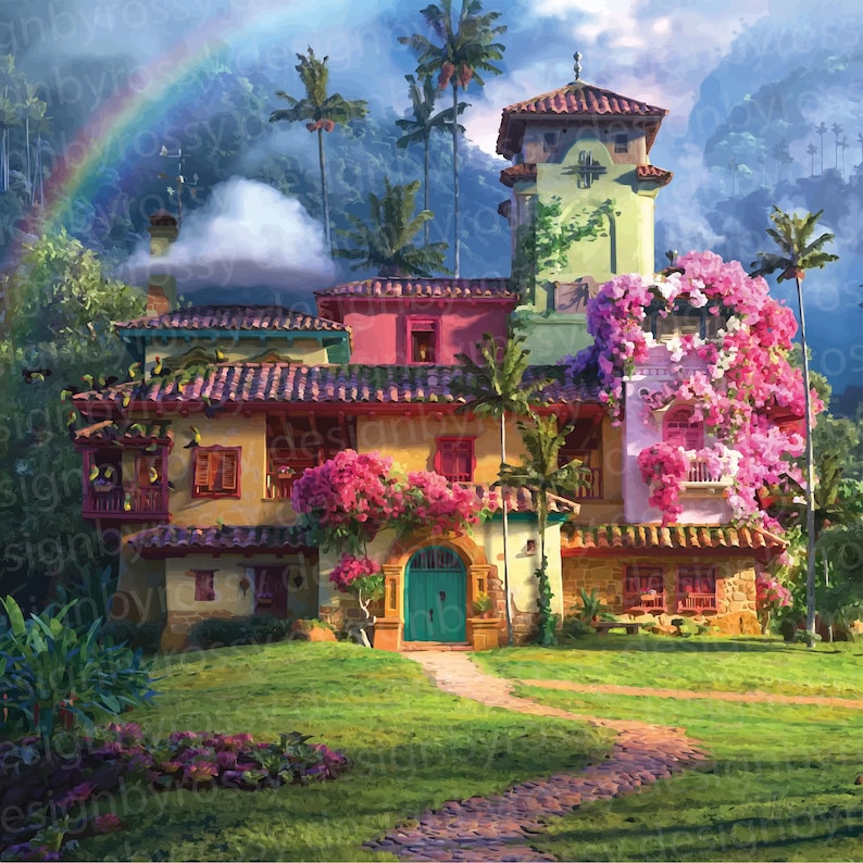 May include: A colorful illustration of a vibrant house with a rainbow in the background. The house features a variety of colors, including yellow, pink, and green, with a turquoise door and is surrounded by lush greenery and palm trees.