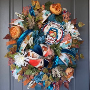 Fall pumpkin and floral wreath for door, Fall glam outdoor wreath, Indoor wreath, Fall pumpkin decor, Turquoise teal & Orange autumn wreath