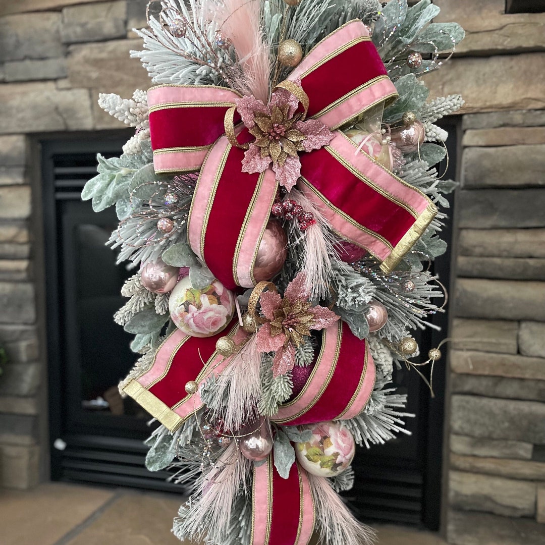 Elegant Pink Winter Door Swag. Boho Porch Decor. Holiday Mantel
