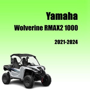 Puede incluir: Un vehículo todoterreno Yamaha Wolverine RMAX2 1000 blanco y negro. La imagen muestra el perfil frontal y lateral del vehículo, con neumáticos negros grandes y un techo negro. El texto "Yamaha Wolverine RMAX2 1000 2021-2024" se muestra en negro.