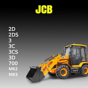 Puede incluir: Un cargador de ruedas JCB amarillo con una cuchara negra. El cargador de ruedas está sobre un fondo negro con el texto "JCB" en amarillo en la parte superior de la imagen. El texto "2D, 2DS, 3, 3C, 3CS, 3D, 700, MK2, MK3" está listado en el lado izquierdo de la imagen.