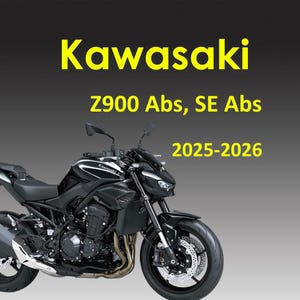 Può includere: Motocicletta Kawasaki Z900 Abs, SE Abs nera. L'immagine mostra il profilo anteriore e laterale della moto, evidenziando il suo design. Il testo "Kawasaki" è in giallo in alto, con "Z900 Abs, SE Abs" e "2025-2026" sotto.